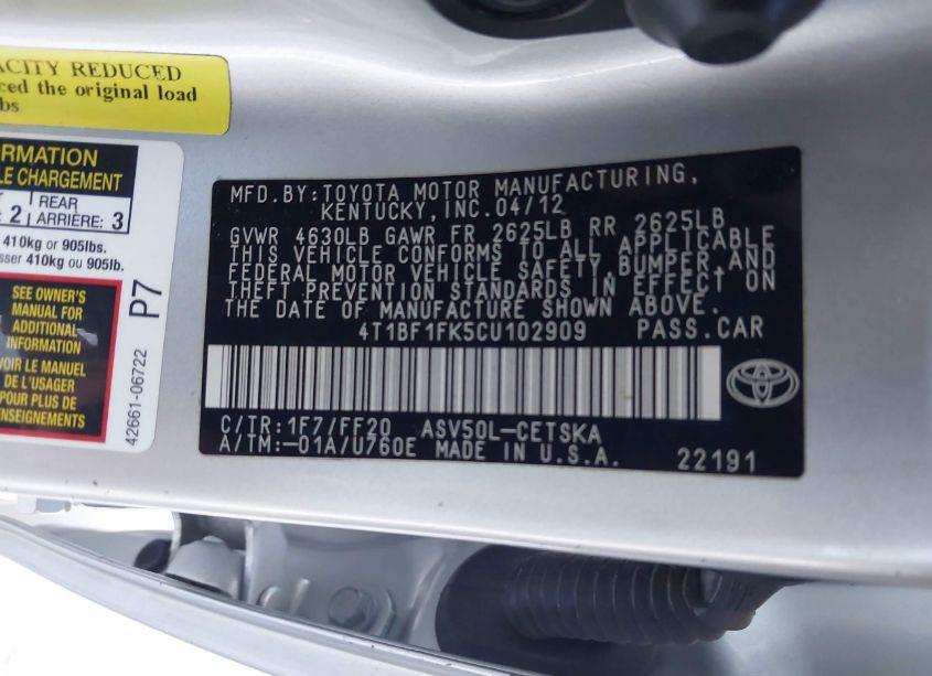 Photo 9 of 2012 Toyota Camry SE (VIN 4T1BF1FK5CU102909)