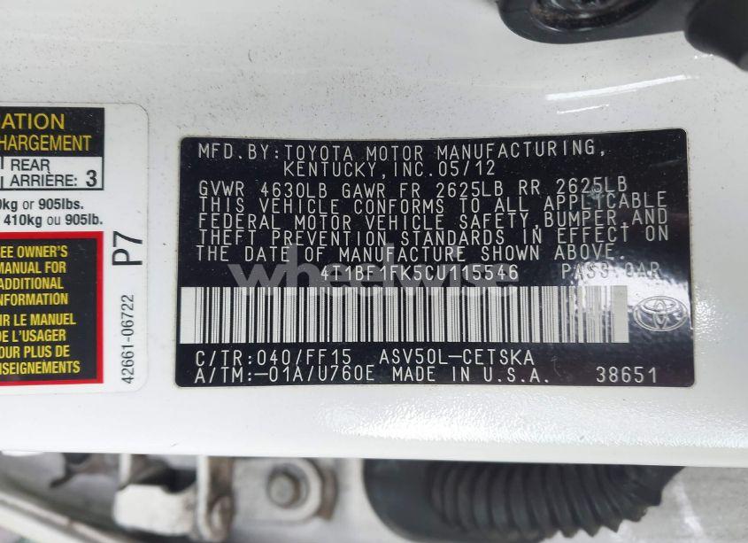 Photo 9 of 2012 Toyota Camry SE (VIN 4T1BF1FK5CU115546)