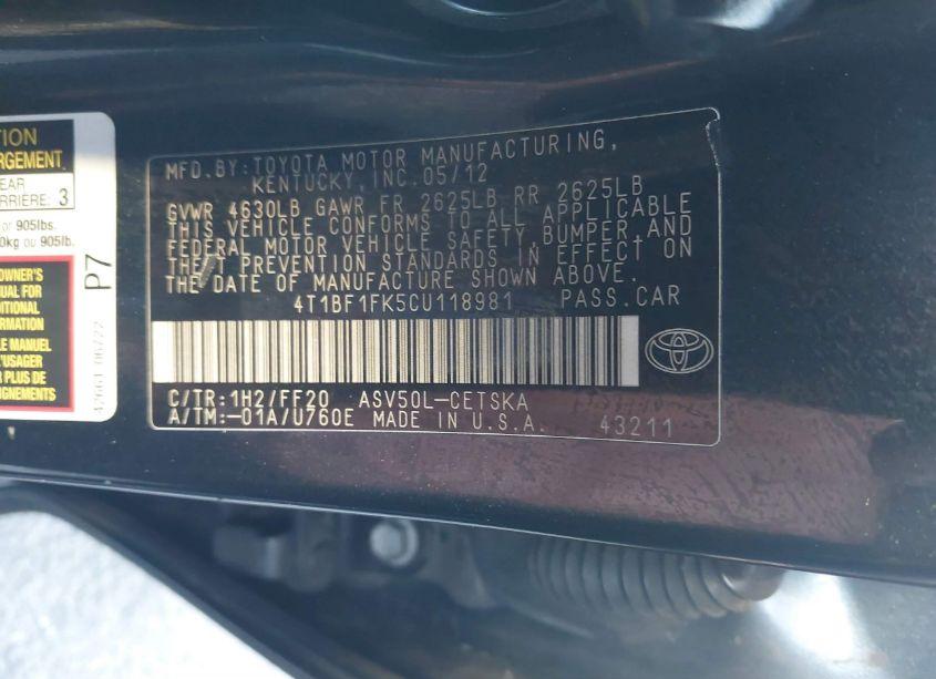 Photo 9 of 2012 Toyota Camry SE (VIN 4T1BF1FK5CU118981)