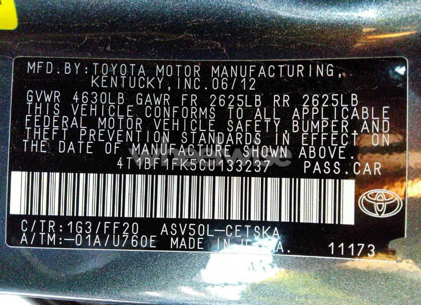 Photo 9 of 2012 Toyota Camry SE (VIN 4T1BF1FK5CU133237)