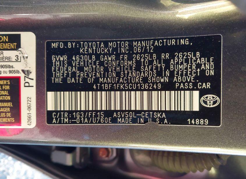 Photo 9 of 2012 Toyota Camry SE (VIN 4T1BF1FK5CU136249)