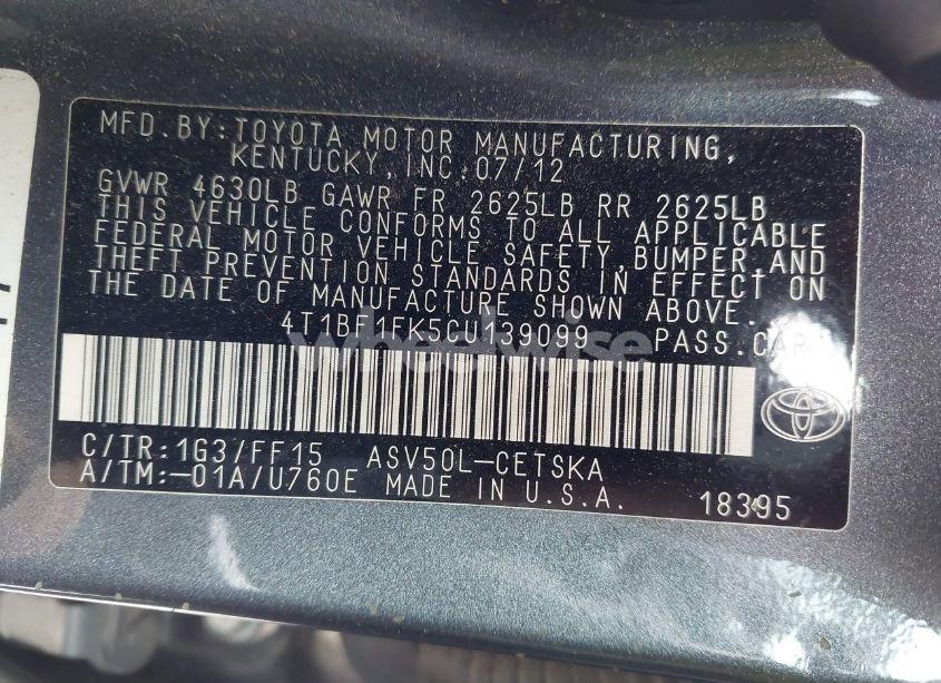 Photo 9 of 2012 Toyota Camry SE (VIN 4T1BF1FK5CU139099)
