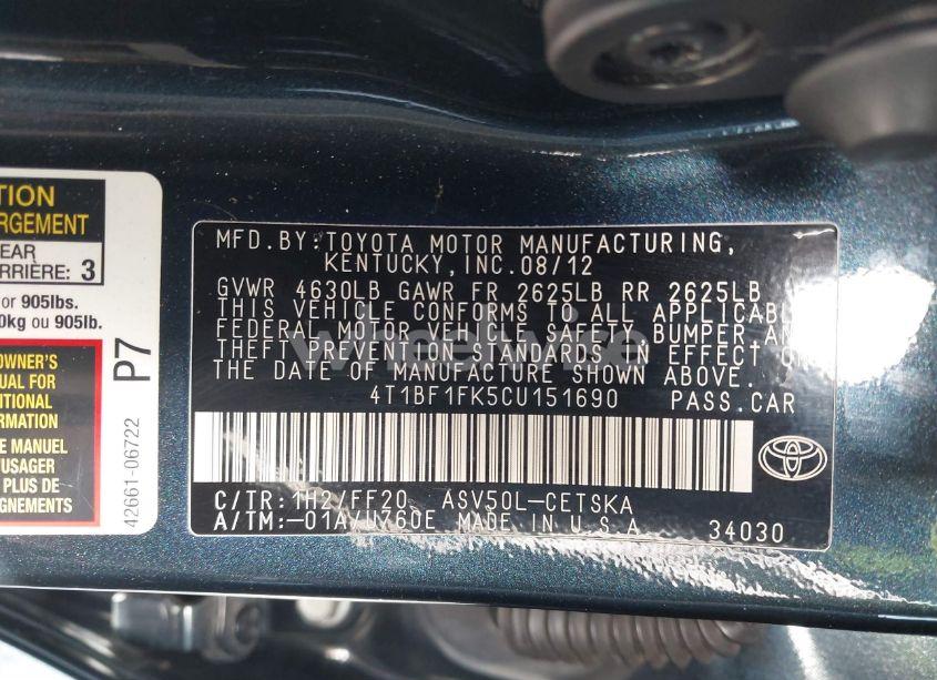 Photo 9 of 2012 Toyota Camry SE (VIN 4T1BF1FK5CU151690)