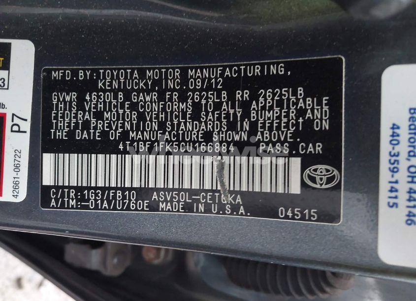 Photo 9 of 2012 Toyota Camry XLE (VIN 4T1BF1FK5CU166884)