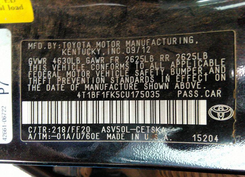 Photo 9 of 2012 Toyota Camry SE (VIN 4T1BF1FK5CU175035)