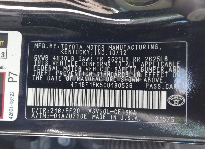 Photo 9 of 2012 Toyota Camry SE (VIN 4T1BF1FK5CU180526)