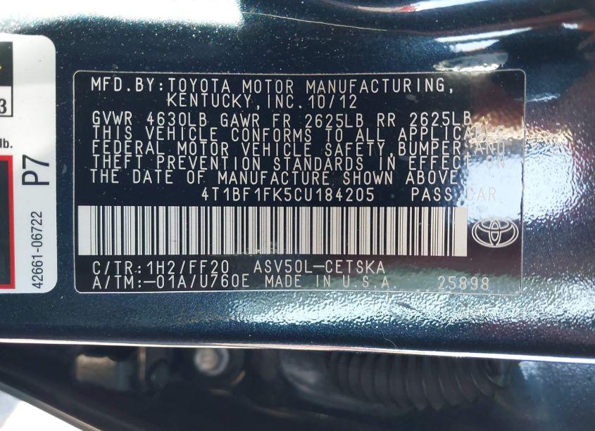 Photo 9 of 2012 Toyota Camry SE (VIN 4T1BF1FK5CU184205)