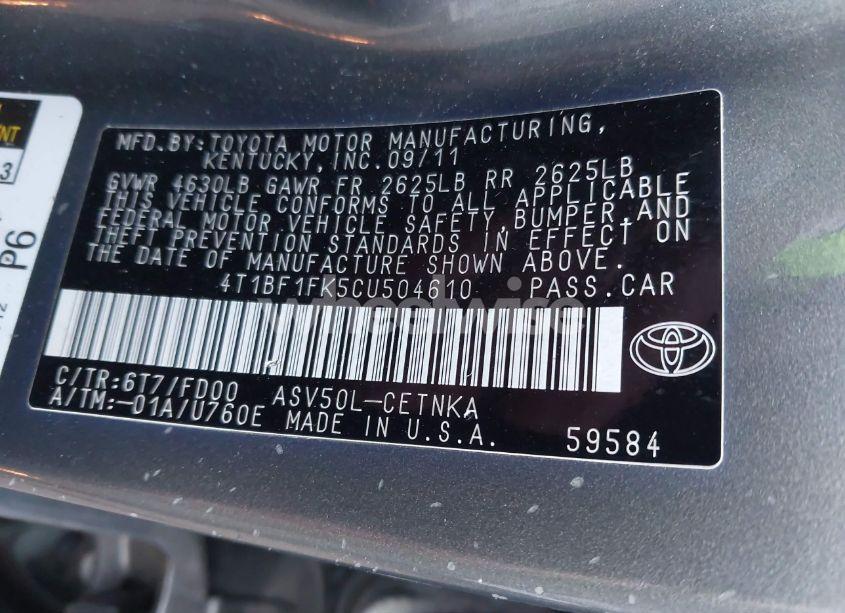Photo 9 of 2012 Toyota Camry LE (VIN 4T1BF1FK5CU504610)