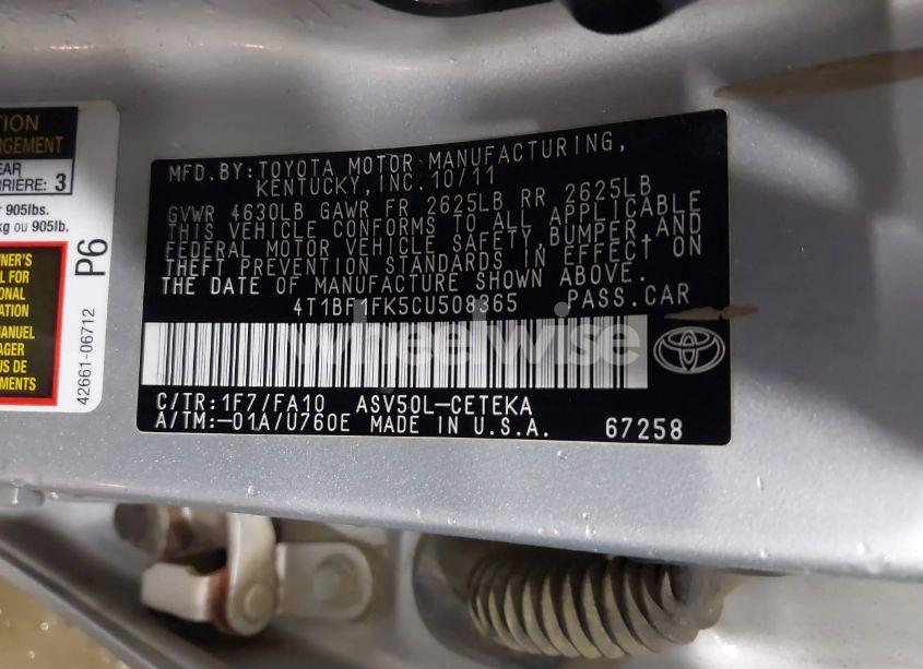 Photo 9 of 2012 Toyota Camry L (VIN 4T1BF1FK5CU508365)
