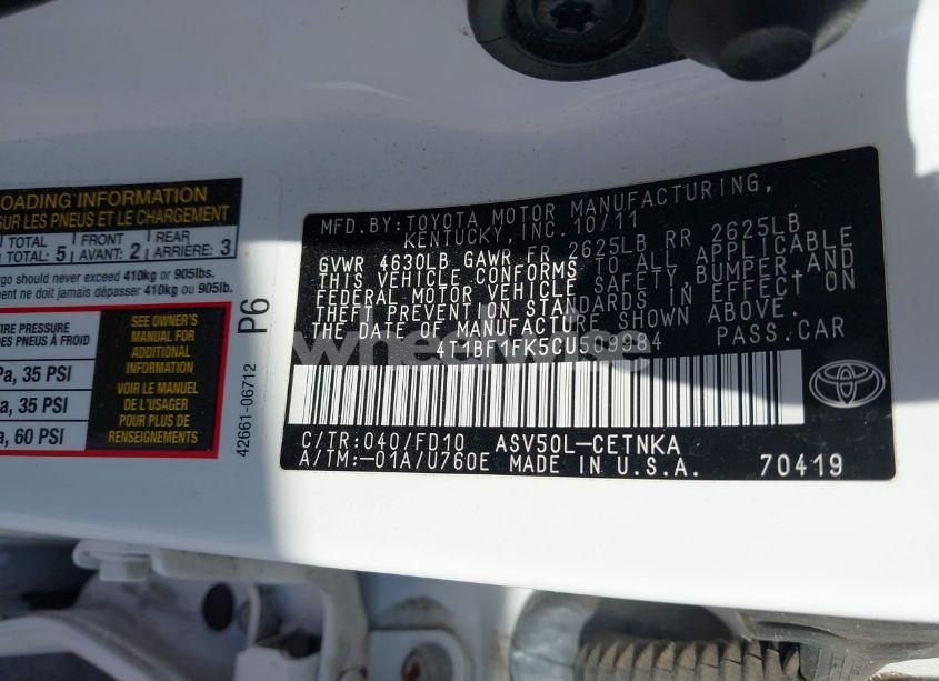 Photo 9 of 2012 Toyota Camry LE (VIN 4T1BF1FK5CU509984)