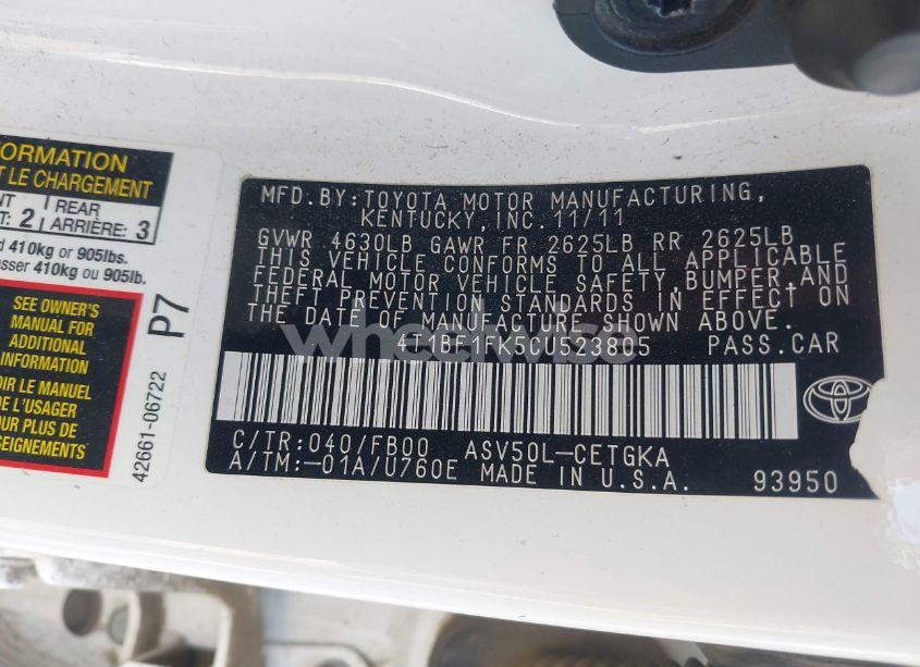 Photo 9 of 2012 Toyota Camry XLE (VIN 4T1BF1FK5CU523805)