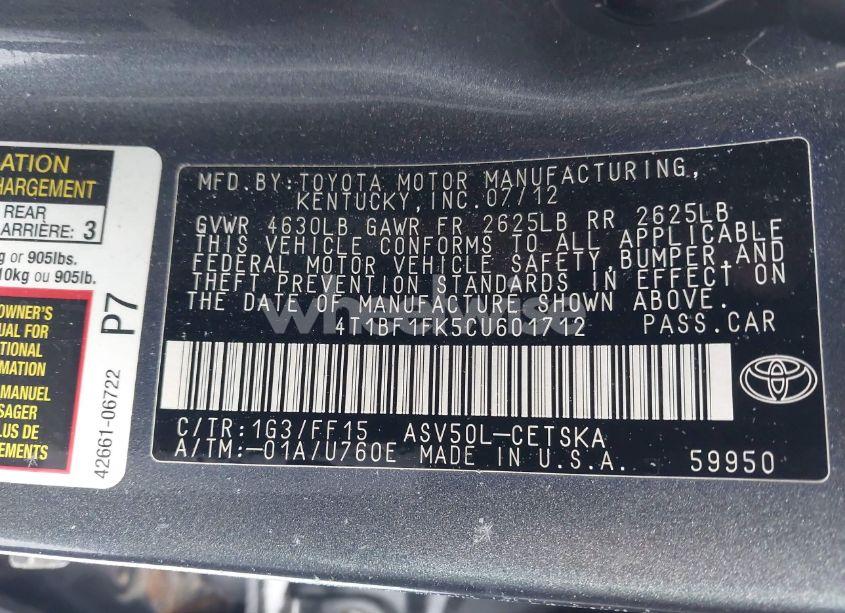 Photo 9 of 2012 Toyota Camry SE (VIN 4T1BF1FK5CU601712)