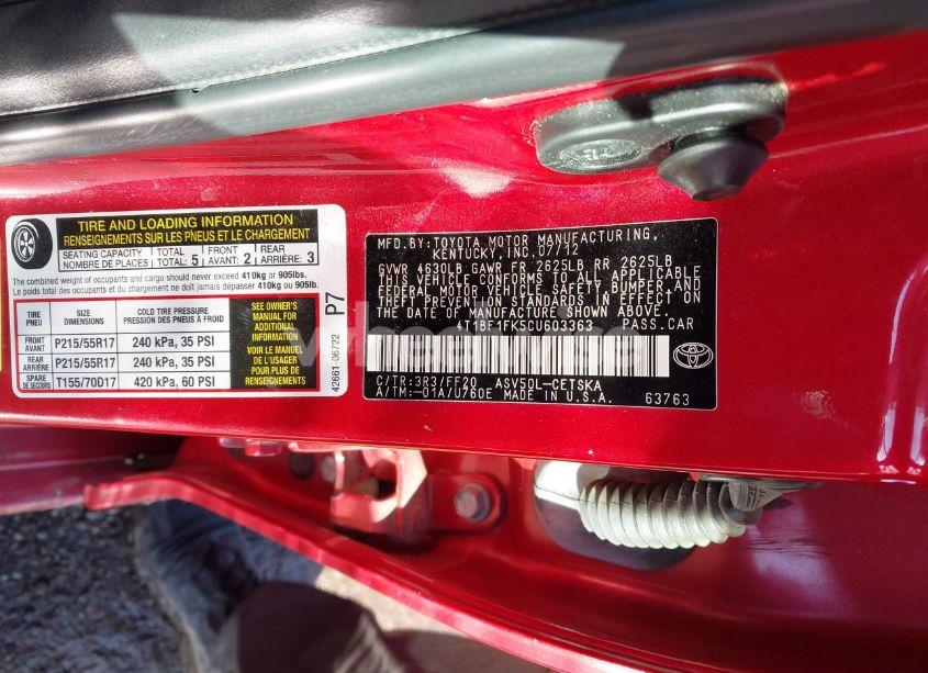 Photo 9 of 2012 Toyota Camry SE (VIN 4T1BF1FK5CU603363)