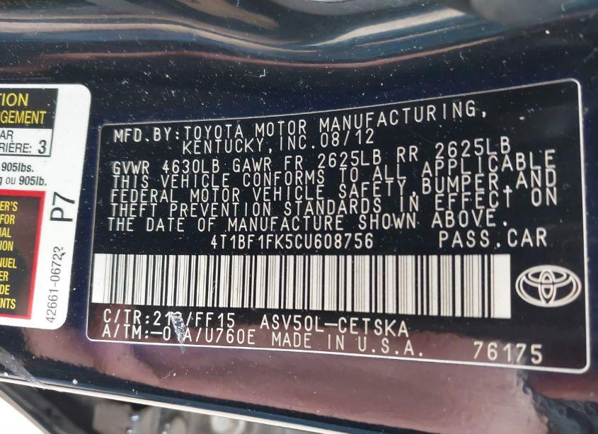 Photo 9 of 2012 Toyota Camry SE (VIN 4T1BF1FK5CU608756)