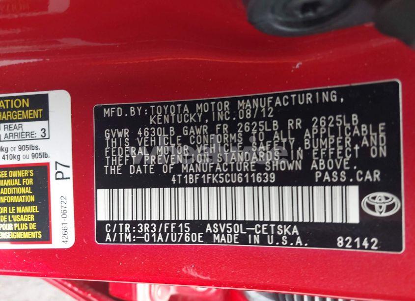 Photo 9 of 2012 Toyota Camry SE (VIN 4T1BF1FK5CU611639)