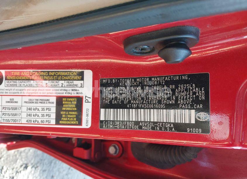 Photo 9 of 2012 Toyota Camry XLE (VIN 4T1BF1FK5CU616095)