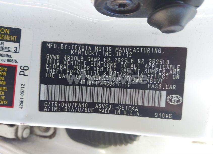Photo 9 of 2012 Toyota Camry L (VIN 4T1BF1FK5CU616114)