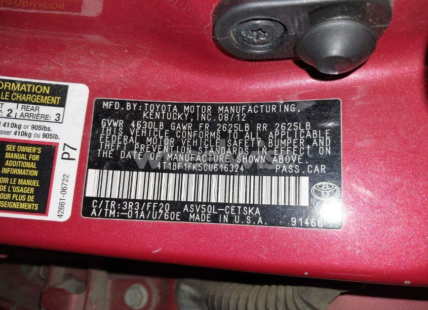 Photo 9 of 2012 Toyota Camry SE (VIN 4T1BF1FK5CU616324)