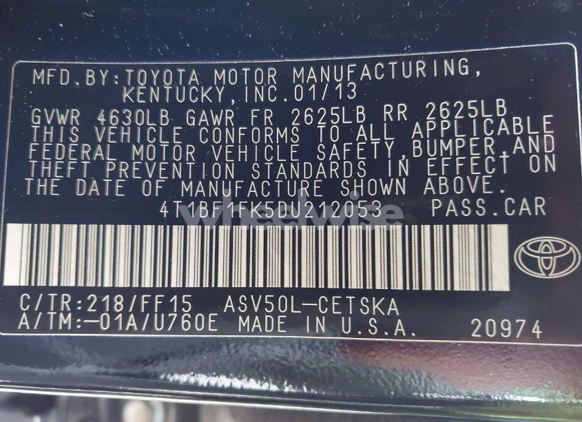 Photo 9 of 2013 Toyota Camry SE (VIN 4T1BF1FK5DU212053)