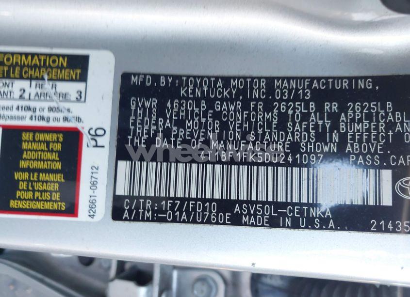 Photo 9 of 2013 Toyota Camry LE (VIN 4T1BF1FK5DU241097)