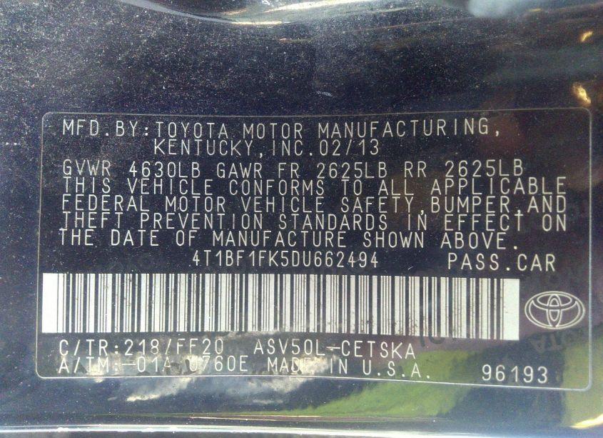 Photo 9 of 2013 Toyota Camry SE (VIN 4T1BF1FK5DU662494)