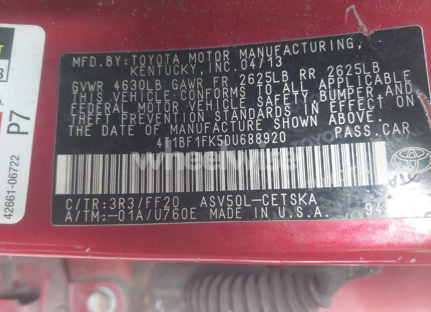 Photo 9 of 2013 Toyota Camry SE (VIN 4T1BF1FK5DU688920)