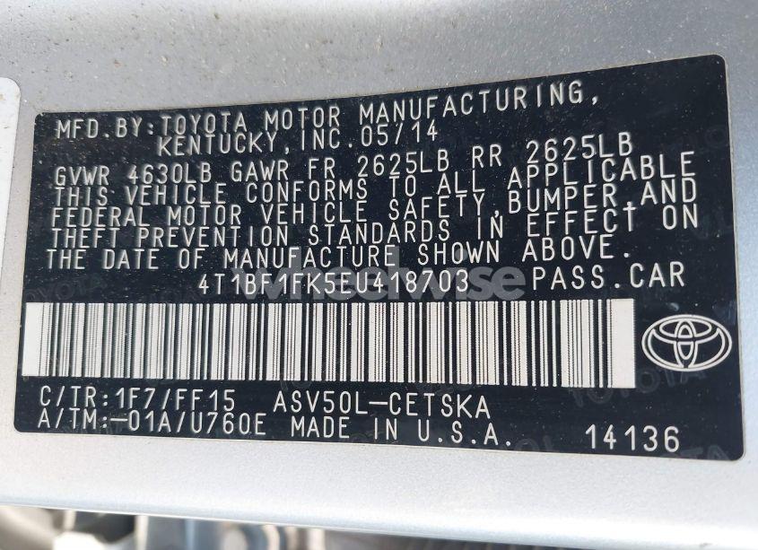 Photo 9 of 2014 Toyota Camry SE (VIN 4T1BF1FK5EU418703)