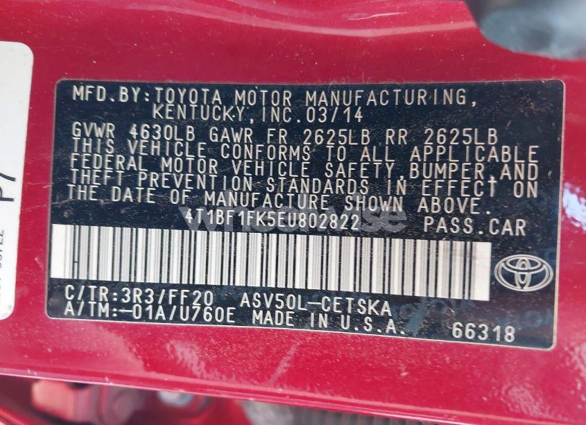 Photo 9 of 2014 Toyota Camry SE (VIN 4T1BF1FK5EU802822)