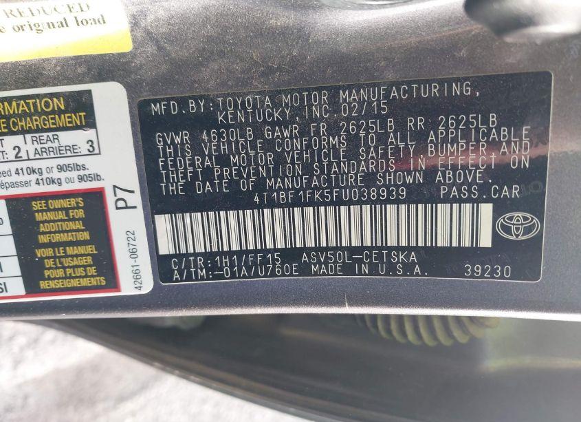 Photo 9 of 2015 Toyota Camry SE (VIN 4T1BF1FK5FU038939)