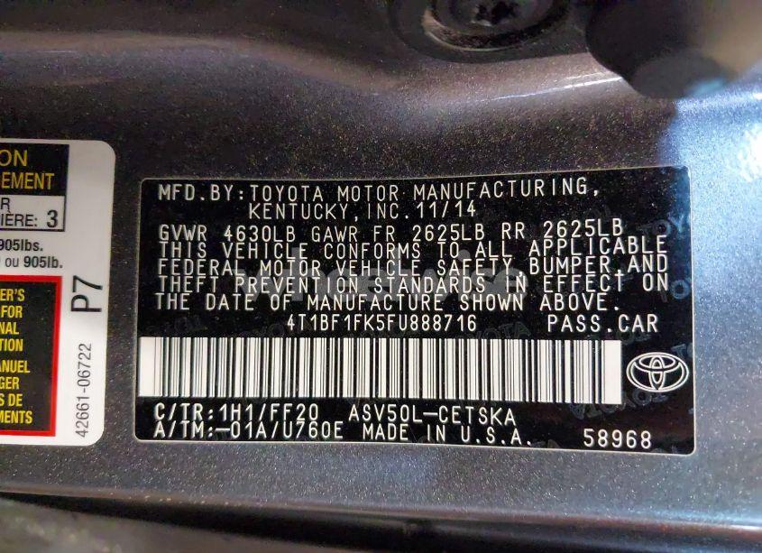 Photo 9 of 2015 Toyota Camry SE (VIN 4T1BF1FK5FU888716)