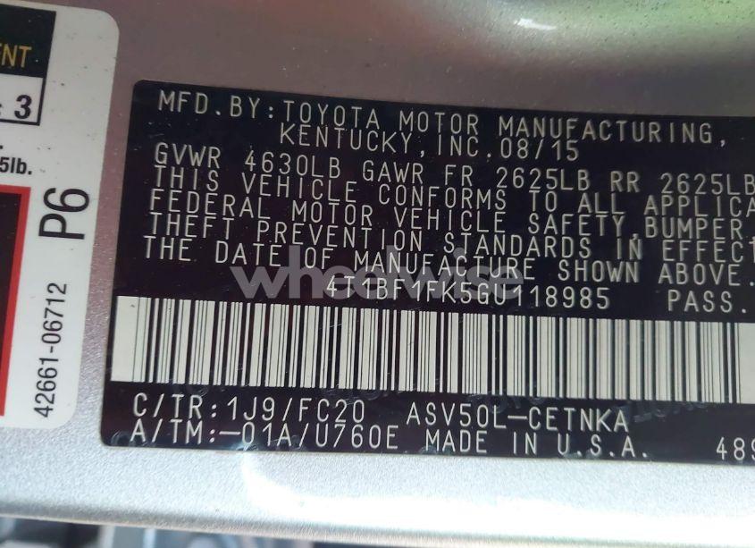 Photo 9 of 2016 Toyota Camry LE (VIN 4T1BF1FK5GU118985)