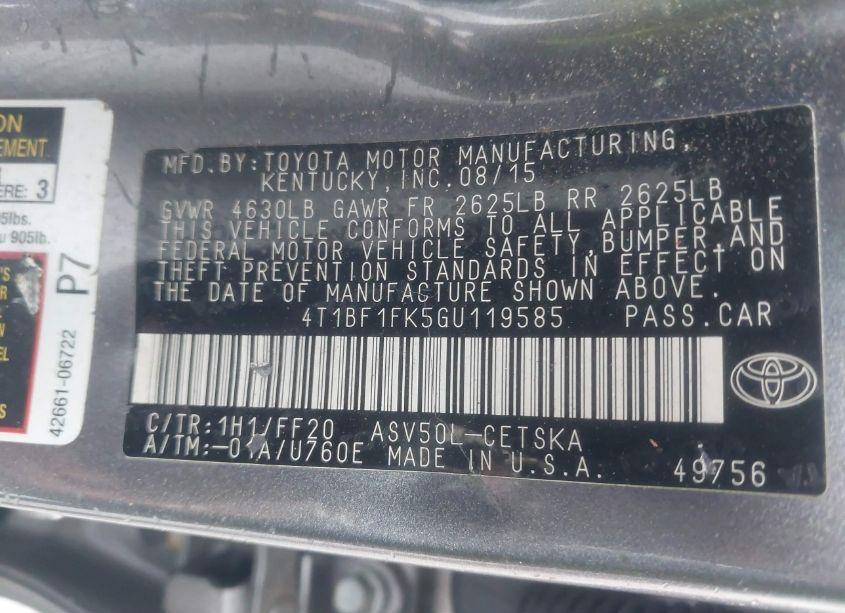 Photo 9 of 2016 Toyota Camry SE (VIN 4T1BF1FK5GU119585)