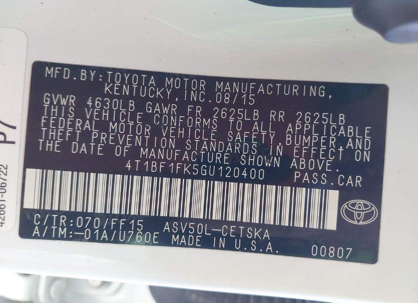 Photo 9 of 2016 Toyota Camry SE (VIN 4T1BF1FK5GU120400)