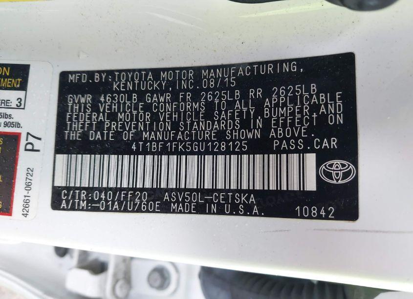 Photo 9 of 2016 Toyota Camry SE (VIN 4T1BF1FK5GU128125)