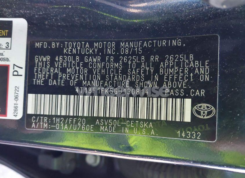 Photo 9 of 2016 Toyota Camry SE (VIN 4T1BF1FK5GU130814)