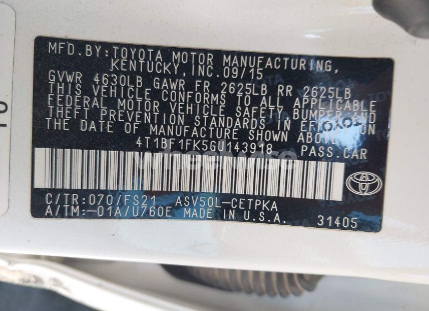Photo 9 of 2016 Toyota Camry SE (VIN 4T1BF1FK5GU143918)