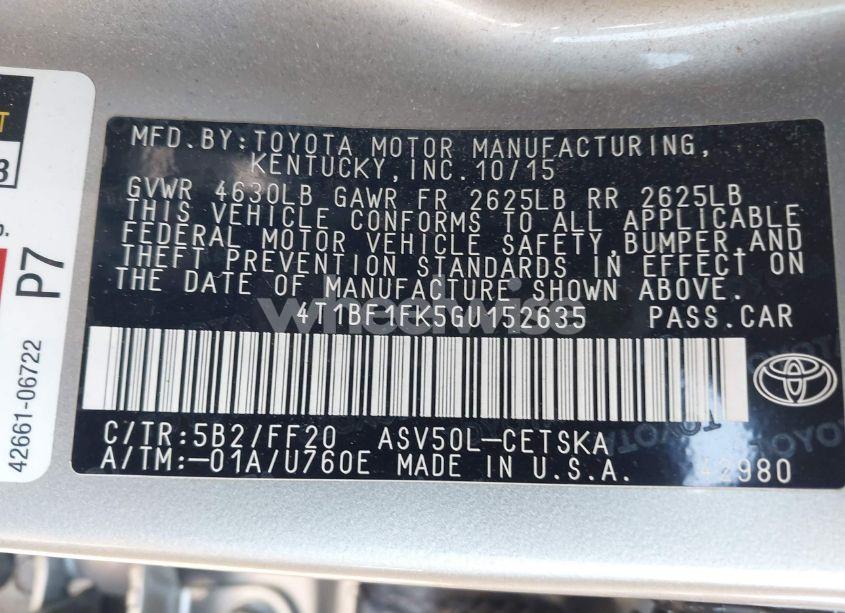 Photo 9 of 2016 Toyota Camry SE (VIN 4T1BF1FK5GU152635)