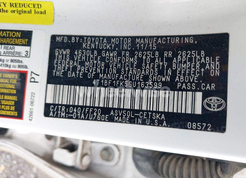 Photo 9 of 2016 Toyota Camry SE (VIN 4T1BF1FK5GU163599)