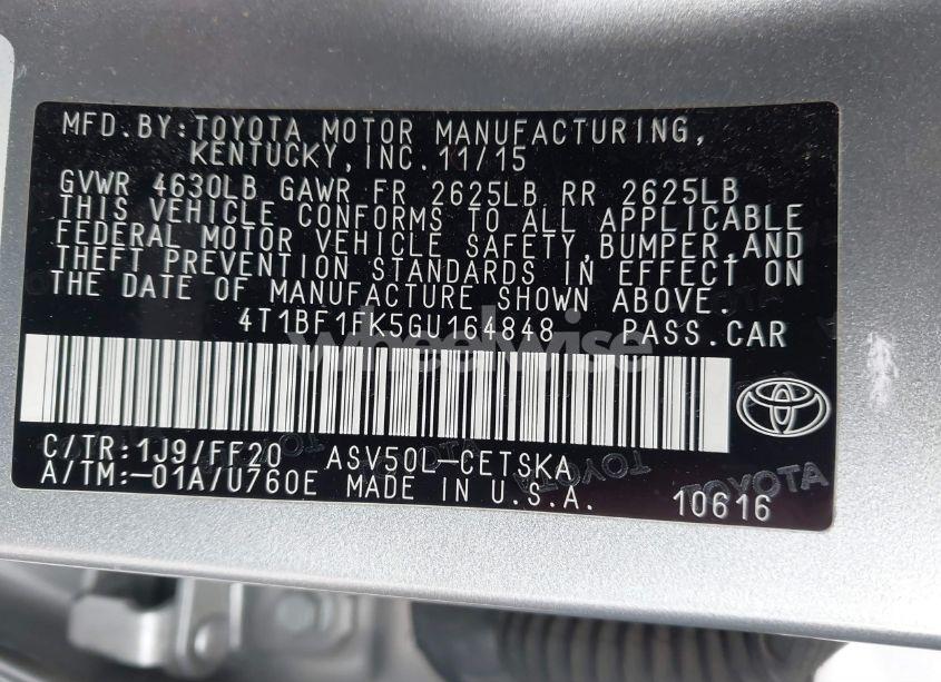 Photo 9 of 2016 Toyota Camry SE (VIN 4T1BF1FK5GU164848)