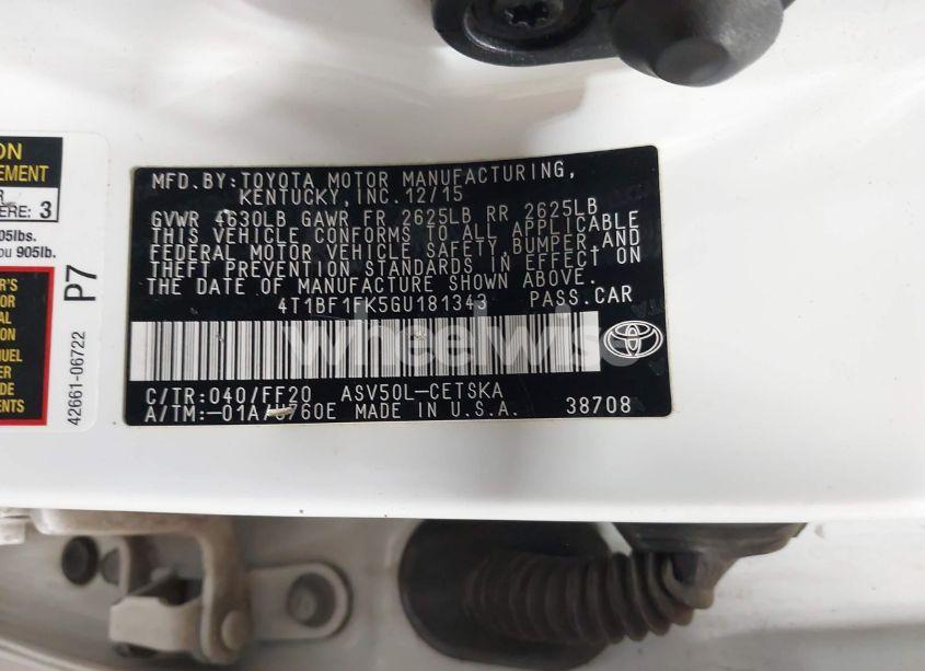 Photo 9 of 2016 Toyota Camry SE (VIN 4T1BF1FK5GU181343)