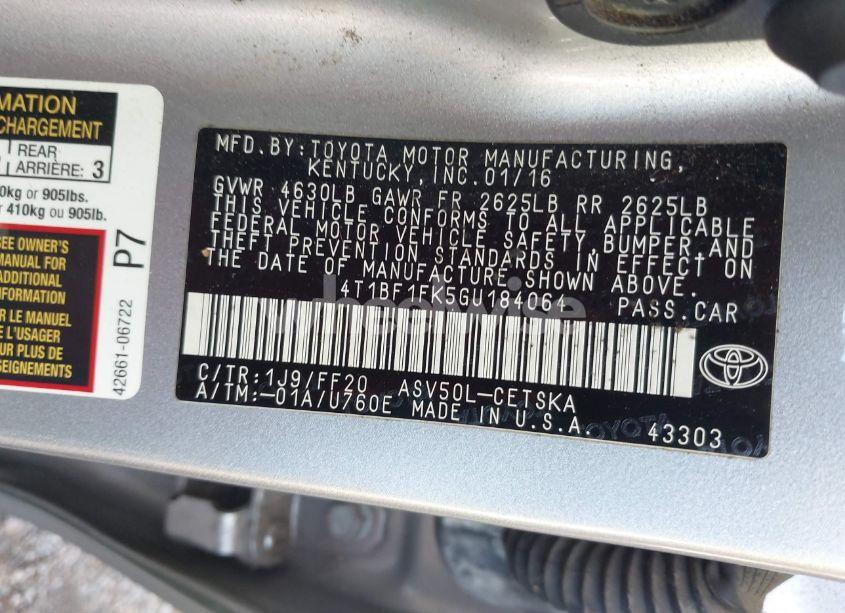 Photo 9 of 2016 Toyota Camry SE (VIN 4T1BF1FK5GU184064)