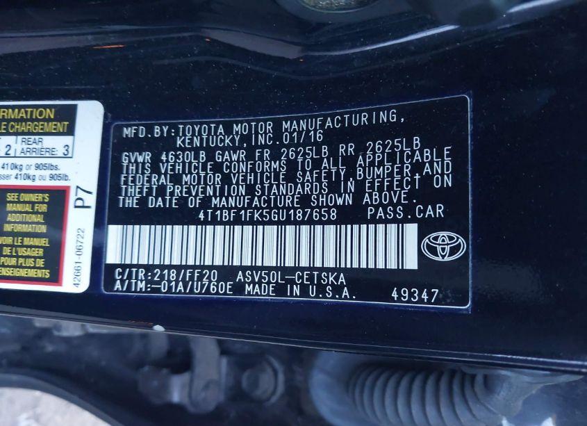Photo 9 of 2016 Toyota Camry SE (VIN 4T1BF1FK5GU187658)