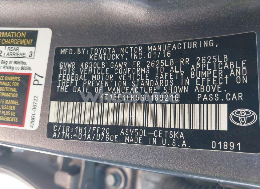 Photo 9 of 2016 Toyota Camry SE (VIN 4T1BF1FK5GU189216)