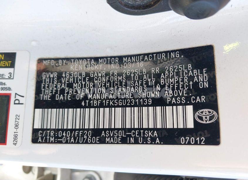 Photo 9 of 2016 Toyota Camry SE (VIN 4T1BF1FK5GU231139)