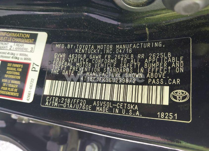 Photo 9 of 2016 Toyota Camry SE (VIN 4T1BF1FK5GU239872)