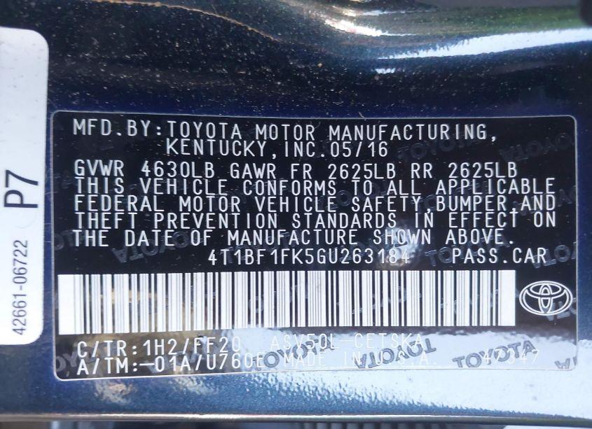 Photo 9 of 2016 Toyota Camry SE (VIN 4T1BF1FK5GU263184)