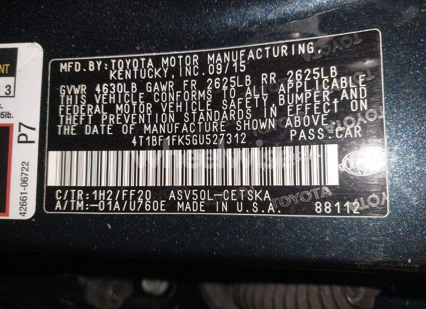 Photo 9 of 2016 Toyota Camry SE (VIN 4T1BF1FK5GU527312)