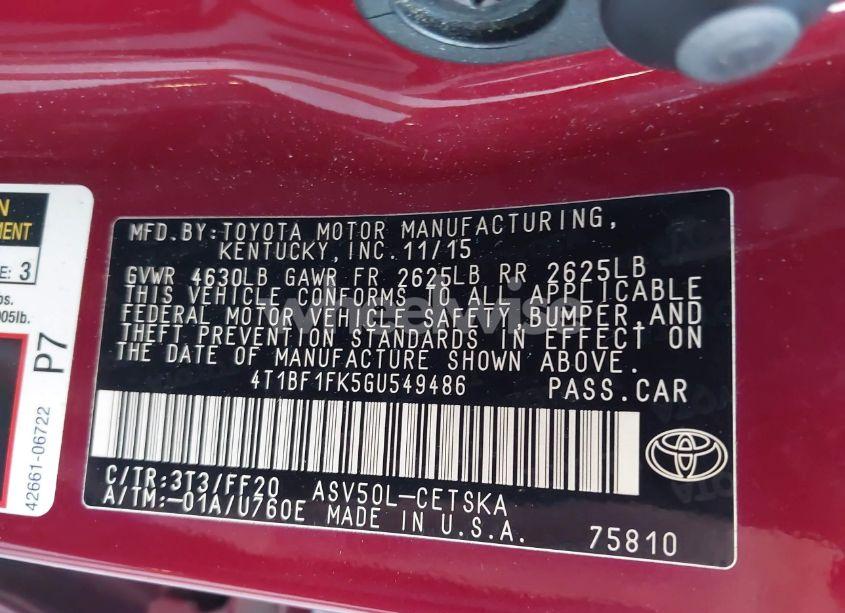 Photo 9 of 2016 Toyota Camry SE (VIN 4T1BF1FK5GU549486)