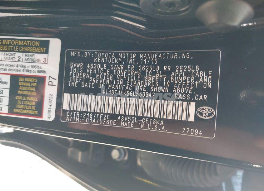 Photo 9 of 2016 Toyota Camry SE (VIN 4T1BF1FK5GU550542)