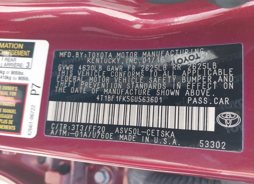 Photo 9 of 2016 Toyota Camry SE (VIN 4T1BF1FK5GU563601)